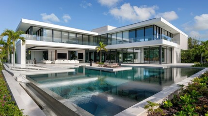 A luxurious modern estate with a white stucco exterior, expansive glass walls, and a large, infinity-edge pool surrounded by lush landscaping.