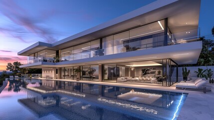 Fototapeta premium A luxurious modern estate with a sprawling design, large glass walls, and a stunning infinity pool with integrated LED lighting.