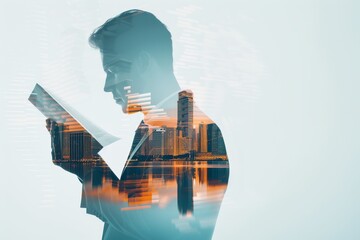 Double exposure of a company director holding a script, overlaid with abstract business charts and graphs, symbolizing leadership and strategy