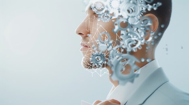 Director with a script in hand, double exposure with abstract elements like gears and clockwork, illustrating the mechanics of corporate planning