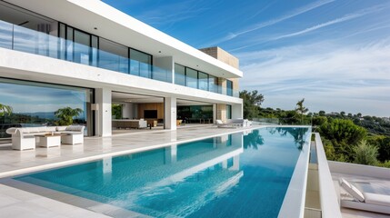 Fototapeta premium A luxurious modern villa with a white exterior, infinity pool, and floor-to-ceiling windows offering panoramic views of the surrounding landscape.