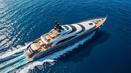 White luxury yacht sailing in ocean. Rich luxury lifestyle, summer pattern, superyacht going fast on calm sea surface. Perfect travel vacation design concept. Recreational transportation. AI generated