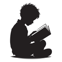 A child boy girl reading silhouette isolated on background.
