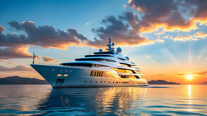 Luxury superyacht, megayacht at sunset. Family travel adventures on luxury yacht at sunset. Rich abundance lifestyle. Tranquil relaxing summer tourism. Vacation transportation, rental, sale. AI gen 