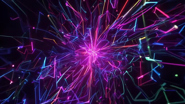 Close-up: Magenta light streaks converge in black cyberspace. Camera zooms towards kaleidoscopic focal point. 