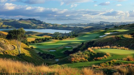 Obraz premium A golf course with rolling hills and a beautiful lake in the background