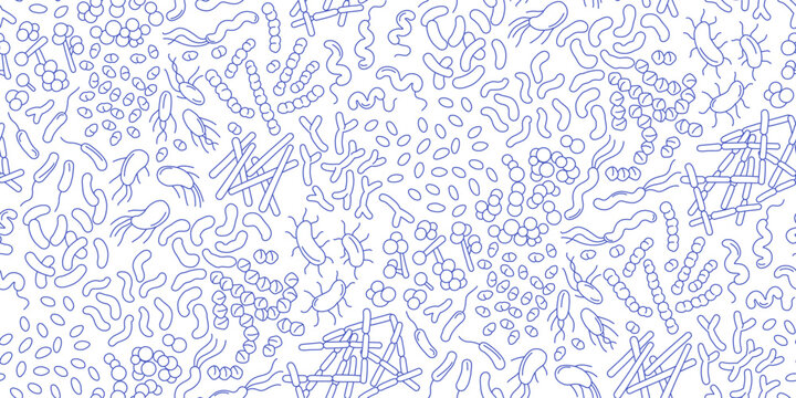 Seamless doodle pattern of diverse bacteria in gut microbiota.
