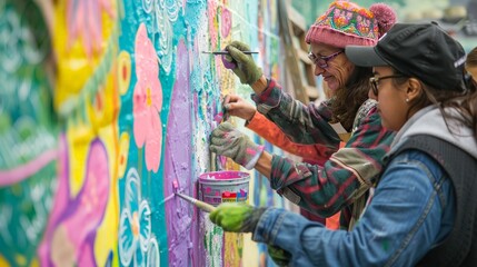 A group of artists working on a mural, painting together, colorful and creative