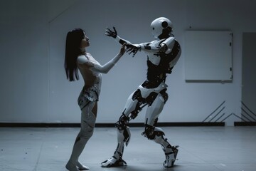 Naklejka premium Two robots dancing in a room, showcasing synchronized movements and futuristic design, A robot and a human dancing together, AI generated