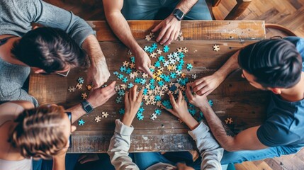 Obraz premium A group of coworkers working on a puzzle in the break room, symbolizing teamwork and relaxation