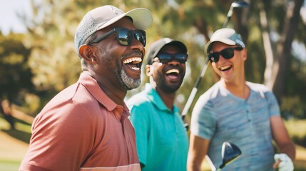A group of friends enjoying a round of golf, laughing and having fun