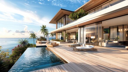 Fototapeta premium A modern coastal home with a seamless blend of wood and glass, featuring a wrap-around deck and an infinity pool overlooking the ocean.
