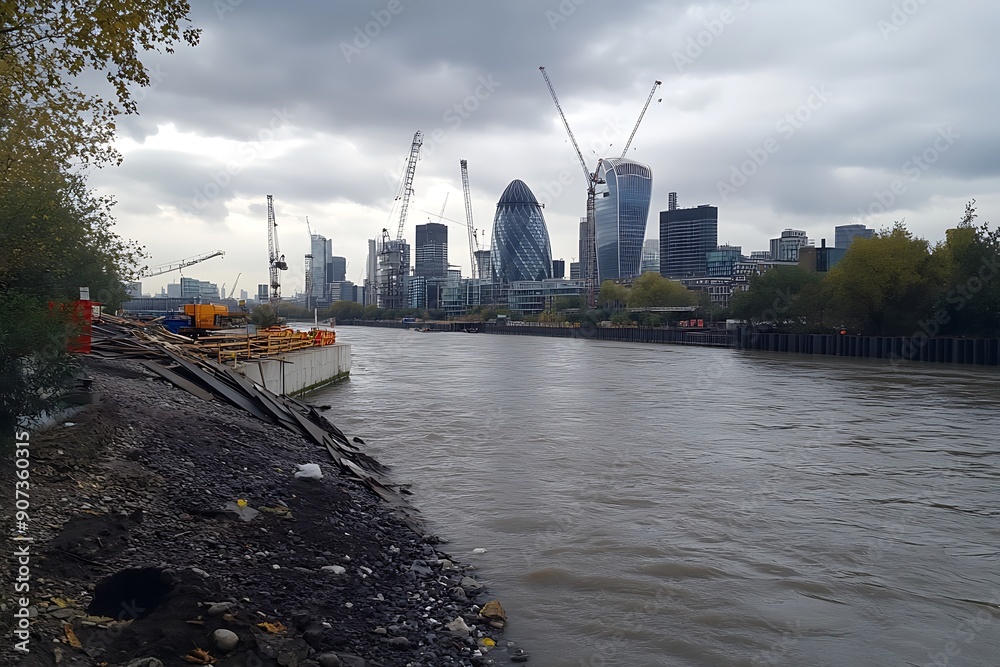 Wall mural london skyline at cloudy day including skyscrapers at financial district. picture took along the riv