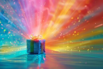 A rainbow of colors bursting from a present, Brightly colored gift box with confetti raining down, great for joyful moments, AI generated