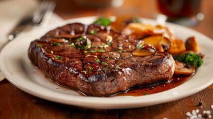 A juicy steak with a perfect sear, served with a side of sautÃ©ed mushrooms 