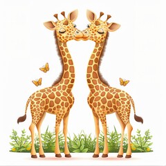 Fototapeta premium Two cute cartoon giraffes nuzzling each other with butterflies around them, surrounded by greenery on a white background.