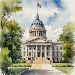 Naklejka premium Watercolor illustration of the Arkansas State Capitol in Little Rock. Capture the grandeur of the neoclassical building with its impressive dome and stately columns