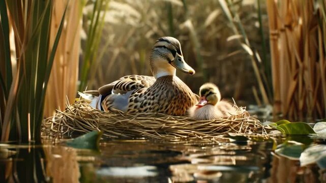 duck and ducklings, ducks incubate eggs in their nests in swampy ponds