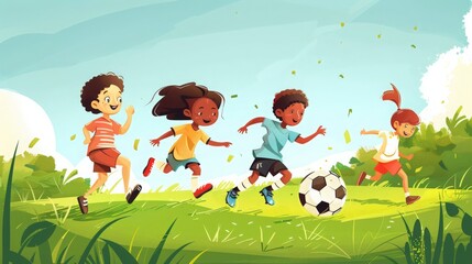 Obraz premium A playful illustration of kids playing soccer, energetic and joyful, green field --ar 16:9 --style raw Job ID: 6d81303d-bc20-488f-849f-d98468d509e4