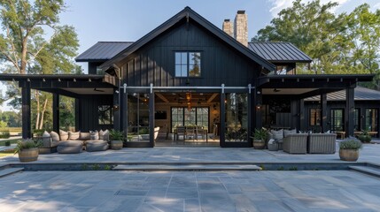 Naklejka premium A modern farmhouse with a black exterior, large barn-style doors, and a wrap-around porch with rustic outdoor seating.