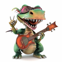 Obraz premium 3D funny cartoon rocker dragon close-up, isolated, on a white background. Character, illustration, printing on fabric, paper, children's room interior decor, children's toy design.