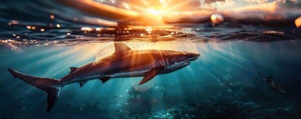 Ocean giants like whales and sharks swimming gracefully in the ocean, capturing their majesty, Realism, Cool tones, Photography