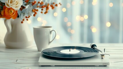A vinyl record centered on a cafe table, with coffee cups and a vase of flowers nearby. The cafe background includes vintage decor, warm lighting, and a relaxed atmosphered
