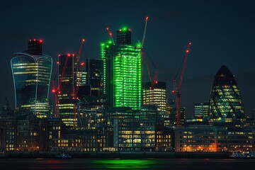 Panoramic view to the skyline of the City of London, financial district, just after sunset, United Kingdom