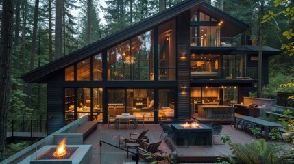 Fototapeta premium A modern forest cabin with a dark wood exterior, large glass walls, and a wrap-around deck with a fire pit and seating area.