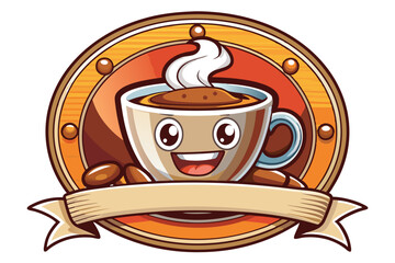 Cartoon Coffee Cup with Steaming Foam and Beans in a Wooden Frame