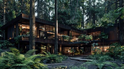 A modern forest retreat with a facade of dark wood and glass, surrounded by tall trees and featuring an elevated walkway to the entrance.