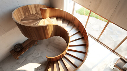 Obraz premium Sleek spiral wooden staircase, rich maple wood, luxury, modern interior
