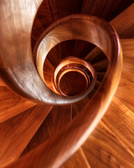 Spiral wooden staircase with a smooth finish, rich hickory wood
