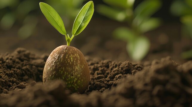 Close-up of an avocado pit sprouting, surrounded by rich soil and green shoots, representing growth and renewal
