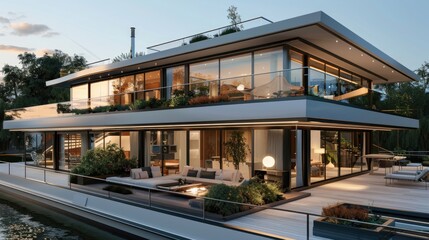 Fototapeta premium A modern houseboat with sleek lines, large glass walls, and a rooftop terrace with a garden and seating area.