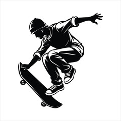 skateboarder performing a trick mid air black vector