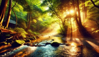 Naklejka premium Sunlight Streaming Through Trees Onto a Tranquil Forest Stream