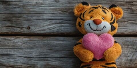 Obraz premium Adorable Smiling Tiger Cub Holding Pink Heart on Wooden Background: Charming Concept of Love, Childhood Joy, and Feline Affection. Creative Animal Portrait Illustrating Tenderness and Happiness in Whi