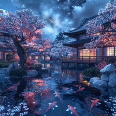 Obraz premium A tranquil Japanese tea garden with a koi pond and cherry blossom trees in full bloom, under a starry night sky
