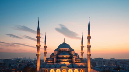 Obraz premium Futuristic neon city street converging on a majestic ancient mosque with intricate details, merging old-world charm with modern vibrance, twilight