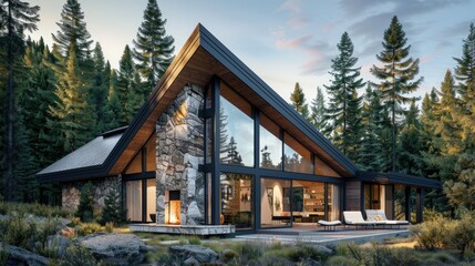 A modern mountain retreat with a sloped roof, large stone chimney, and expansive windows offering views of the forest.