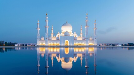 Obraz premium Glowing neon lights reflecting in the water, illuminating the intricate and beautiful design of a historic mosque at dusk