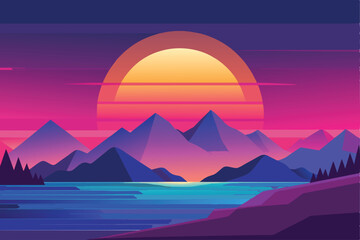 Fototapeta premium Sunset Over Mountains and a Still Lake