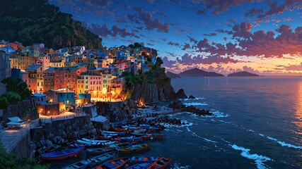 cinque terre italy natural wonders around the world sunset view anime theme