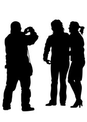 Woman and man with a photo camera on white background