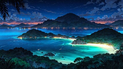 Obraz premium komodo national park indonesia natural wonders around the world sunset view anime theme