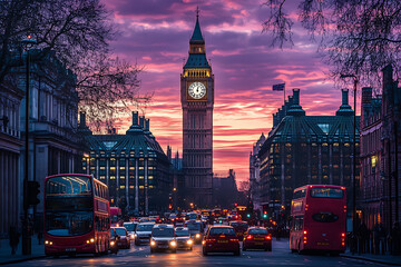The Westminster Palace and the Big Ben clocktower by the Thames river in London, United Kingdom, just after sunset