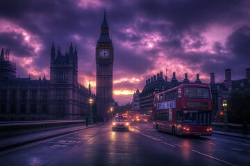 The Westminster Palace and the Big Ben clocktower by the Thames river in London, United Kingdom, just after sunset