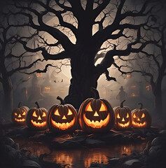 Eerie Halloween night scene featuring glowing carved pumpkins with sinister faces in the darkness.