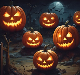 Eerie Halloween night scene featuring glowing carved pumpkins with sinister faces in the darkness.